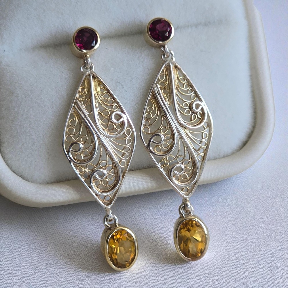 Vintage-Inspired Sterling Silver Filigree Earrings with Citrine & Garnet